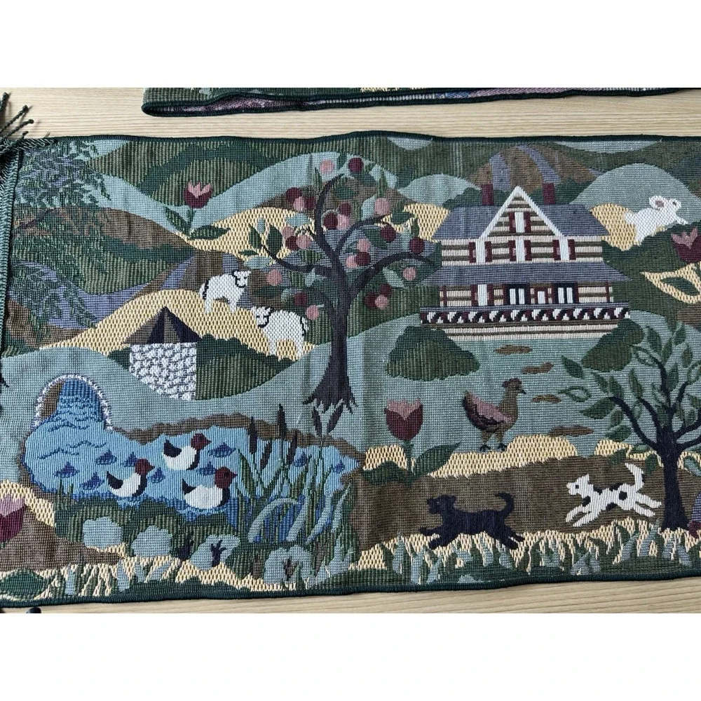 Green Tapestry Table Runner Fringed Tasseled Farm Life Animals Country 3 Pc